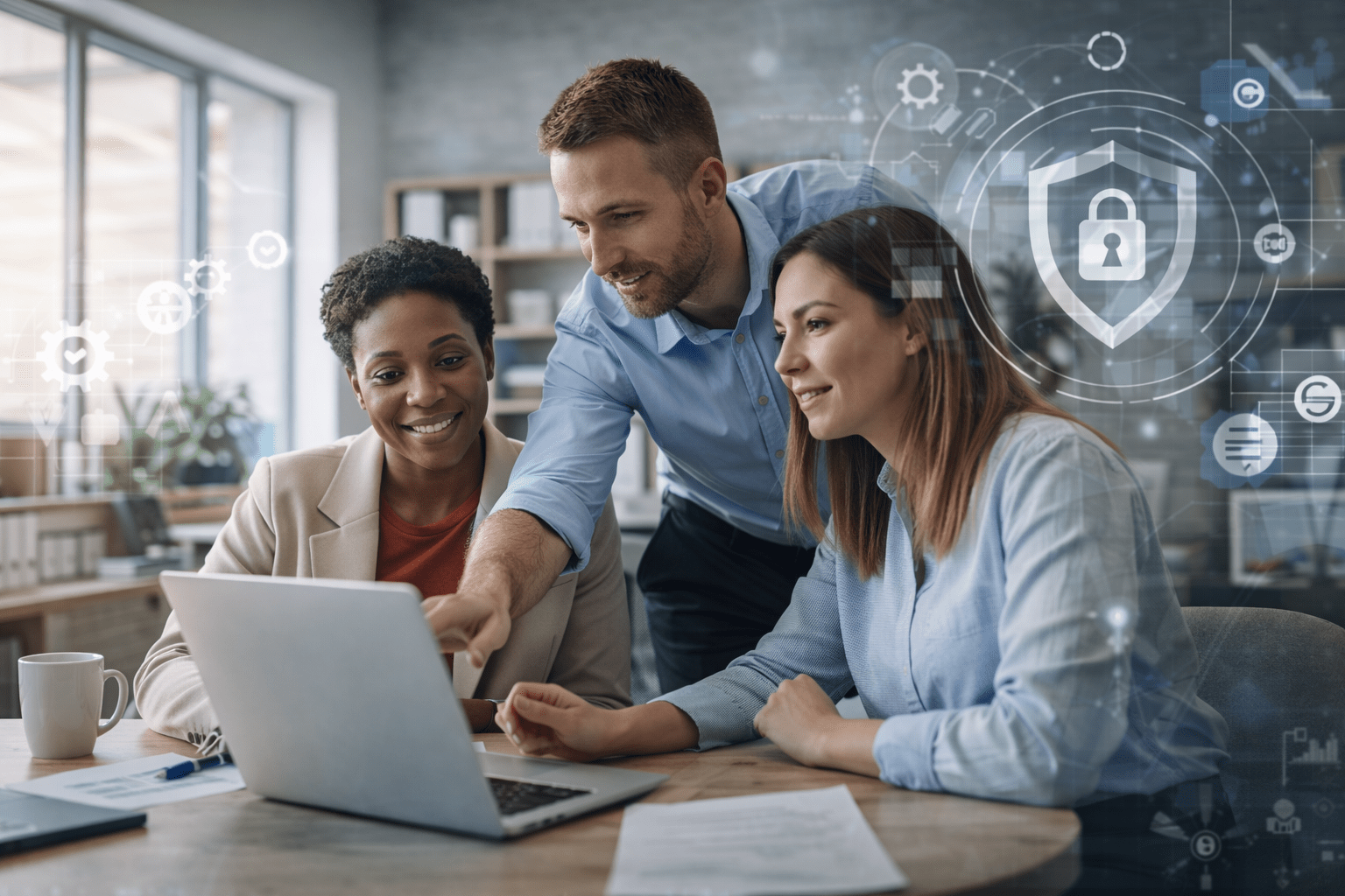 Cybersecurity Consultants Assisting a Small Business Team with System Planning on a Laptop