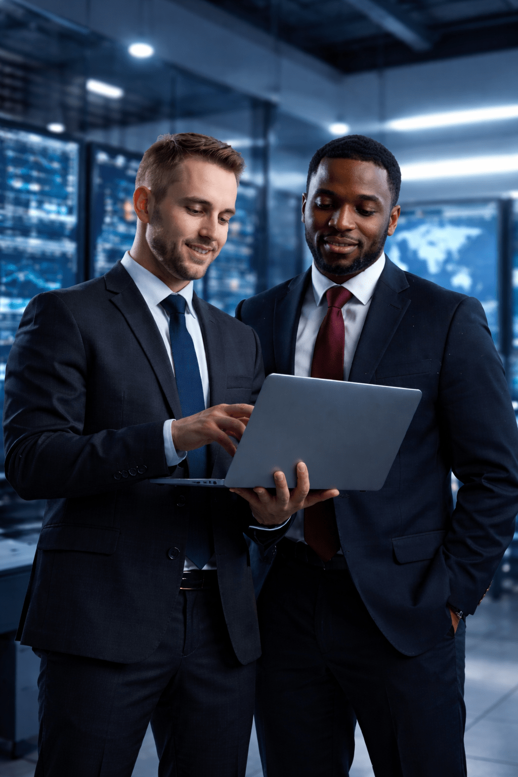 Cybersecurity Consultants Reviewing Information on a Tablet in a Professional Office Setting