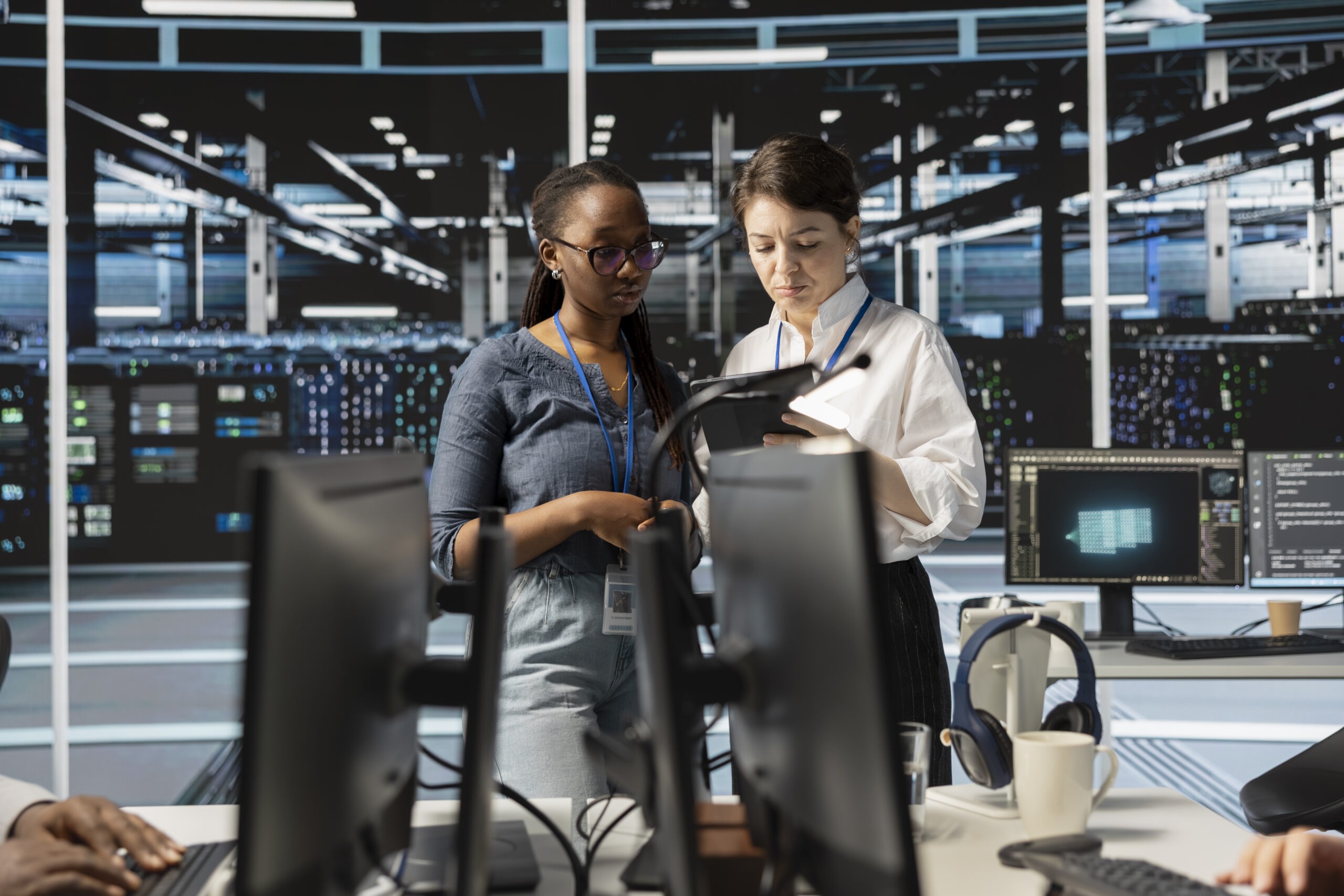 IT Professionals Reviewing Systems and Compliance Information in a Secure Operations Center